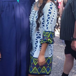 White, blue, green dress